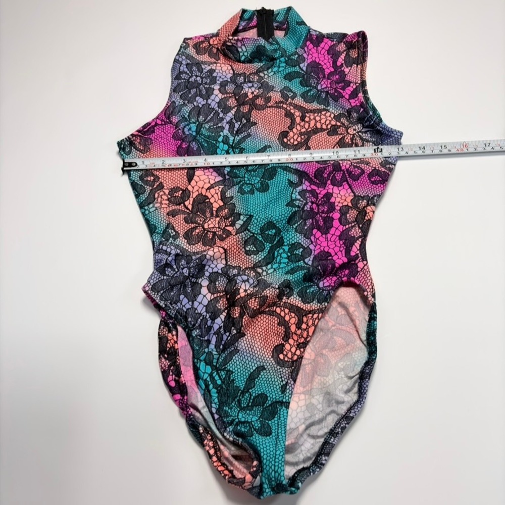 Gilda Marx Flexatard Vintage 80s Floral Lace Print Mock Neck Leotard Sz S USA - Picture 7 of 13